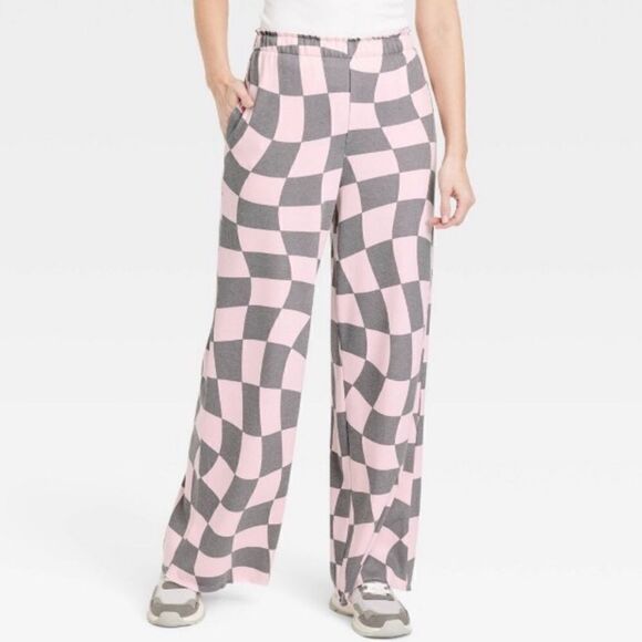 Grayson / Threads NWT Sz XS  Pink & Gray Checkered Print Wide Leg Sweat Pants - Picture 1 of 9